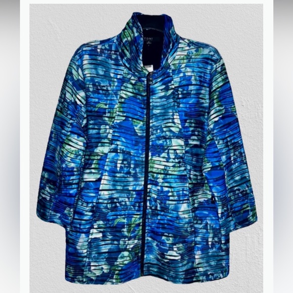 Toni Morgan Size XL Jacket 3/4 Sleeves Blue/Green Crinkle Print - Picture 1 of 5